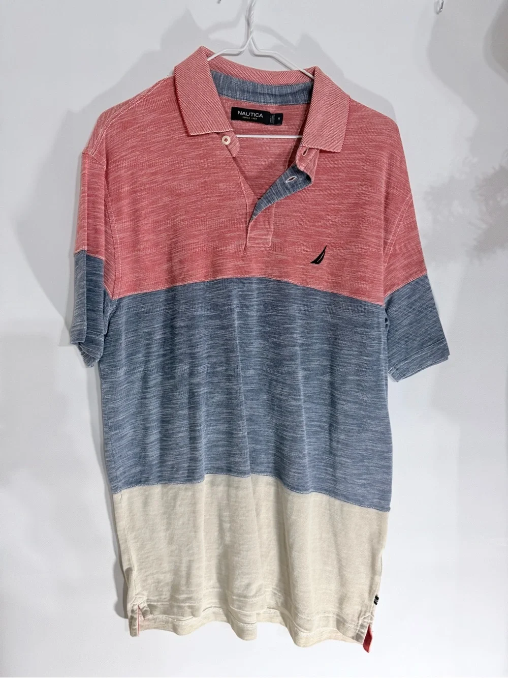 Nautica Men’s Three-Tone Colorblock Polo — Coral, Blue & Cream